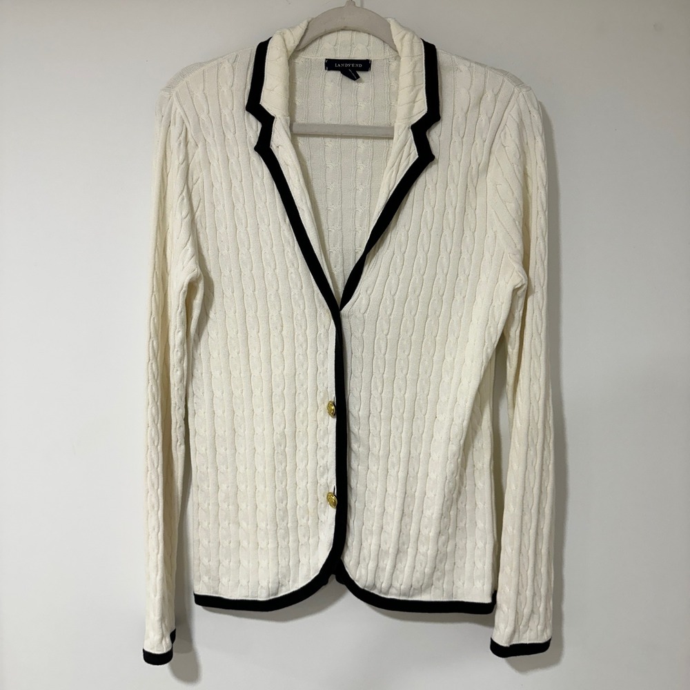 Lands End Cardigan Sweater Womens M 10-12 White Cotton‎ Cable Knit Gold Button